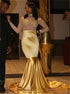 Mermaid Scoop Long Sleeves Gold Lace Appliques Satin Prom Dress LBQ4032